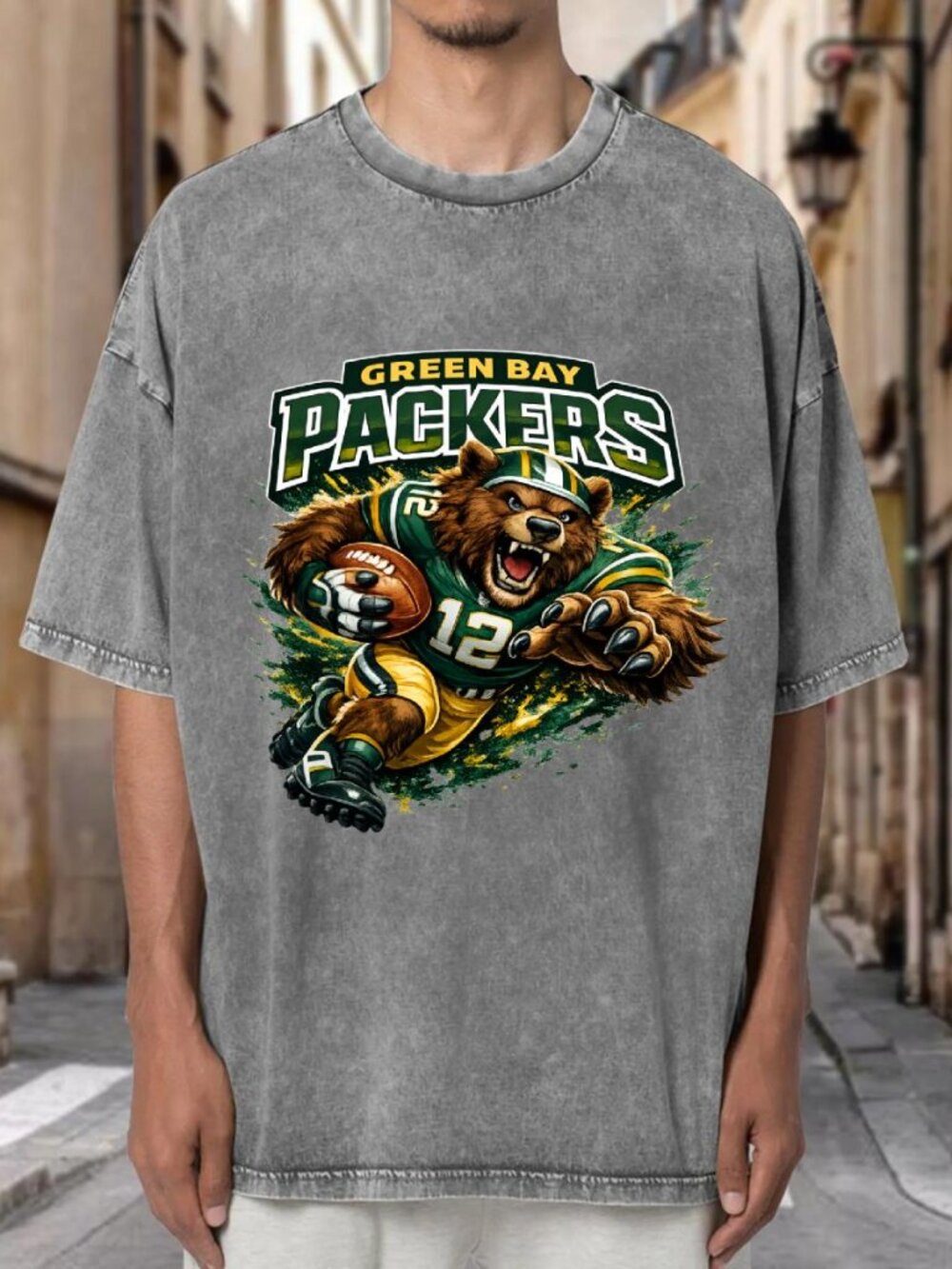 Acid Wash Green Bay Packers Mascot Football Oversized Unisex Tee S9B8VXMJPO02